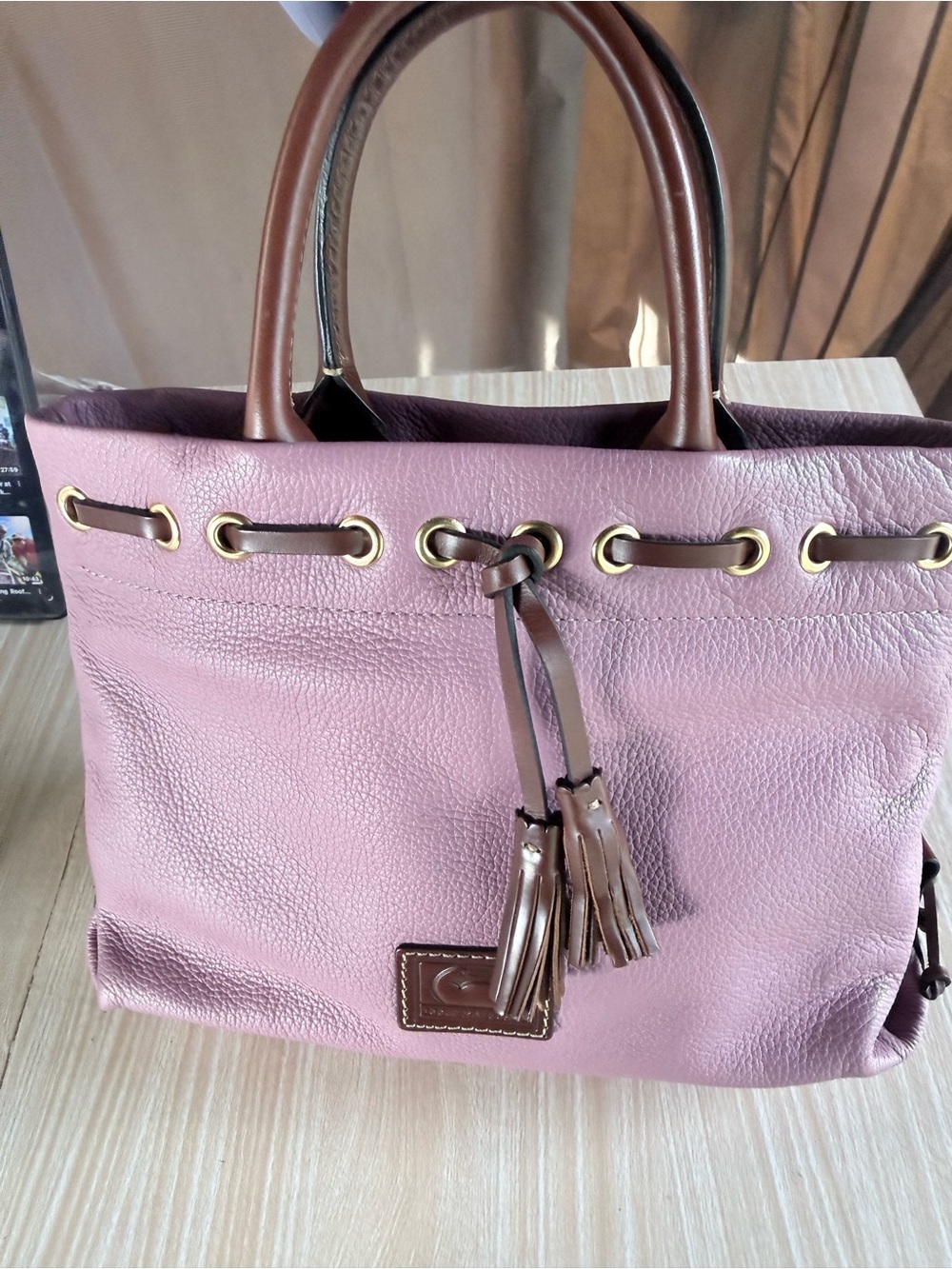 Dooney & Bourke Mauve Pink Leather Tote with Brown Trim
